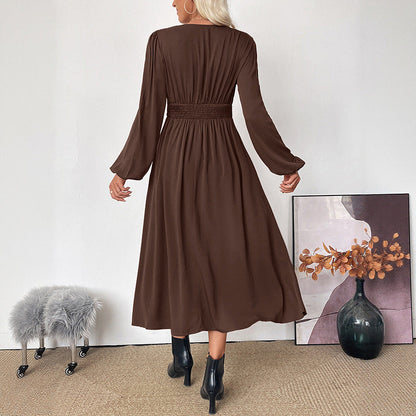 Damen Maxi-Kleid V-Ausschnitt Ballonärmel