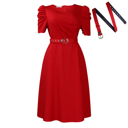 Damen Midi-Kleid Puffärmel Taillierter Gürtel