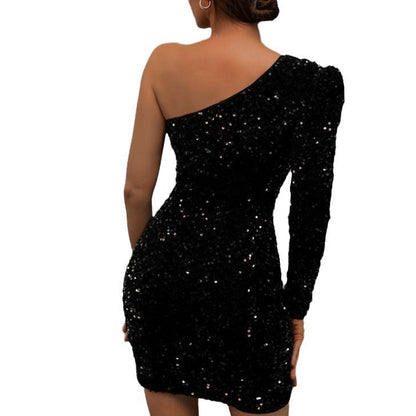 Damen Minikleid Pailletten Asymmetrischer Ausschnitt Figurbetont