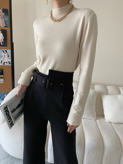 Damen Langarmoberteil Höherer Kragen Rippstruktur Beige