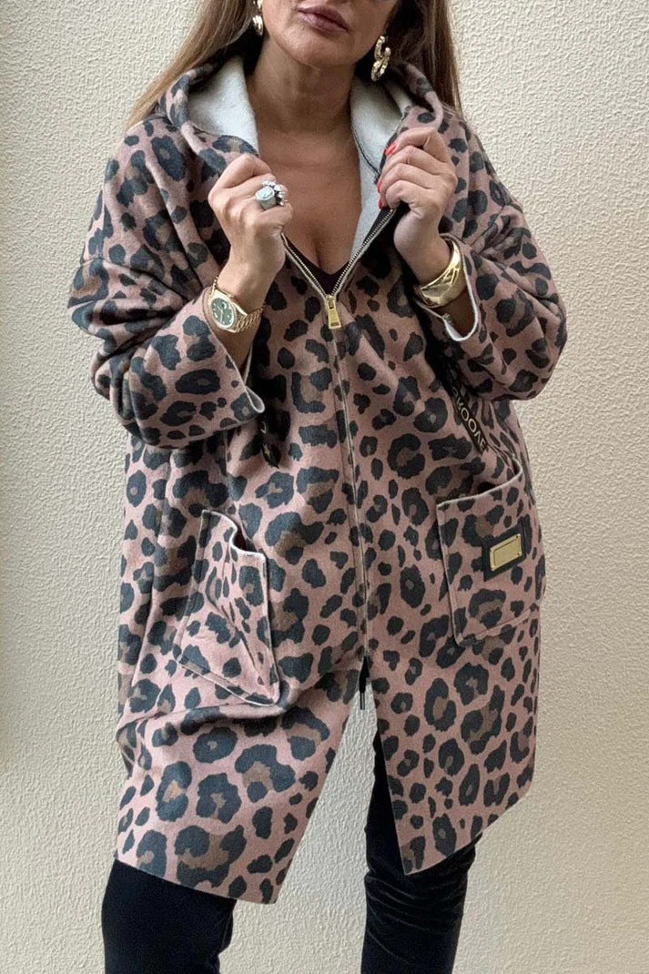 Damen Kapuzenjacke Leopardenmuster Baumwolle Taschen