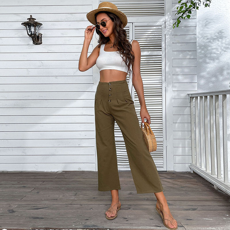 Damen Hochwaisted Hosen Knopfdetail Faltenwurf