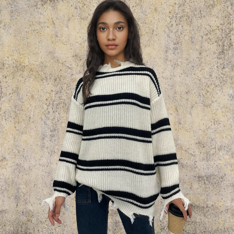 Damen Oversized Strickpullover Streifenmuster Französische Fransen