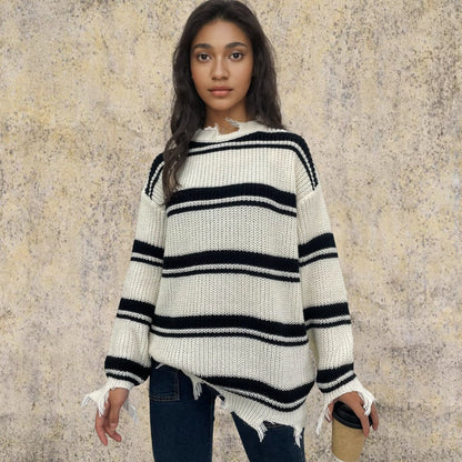 Damen Oversized Strickpullover Streifenmuster Französische Fransen