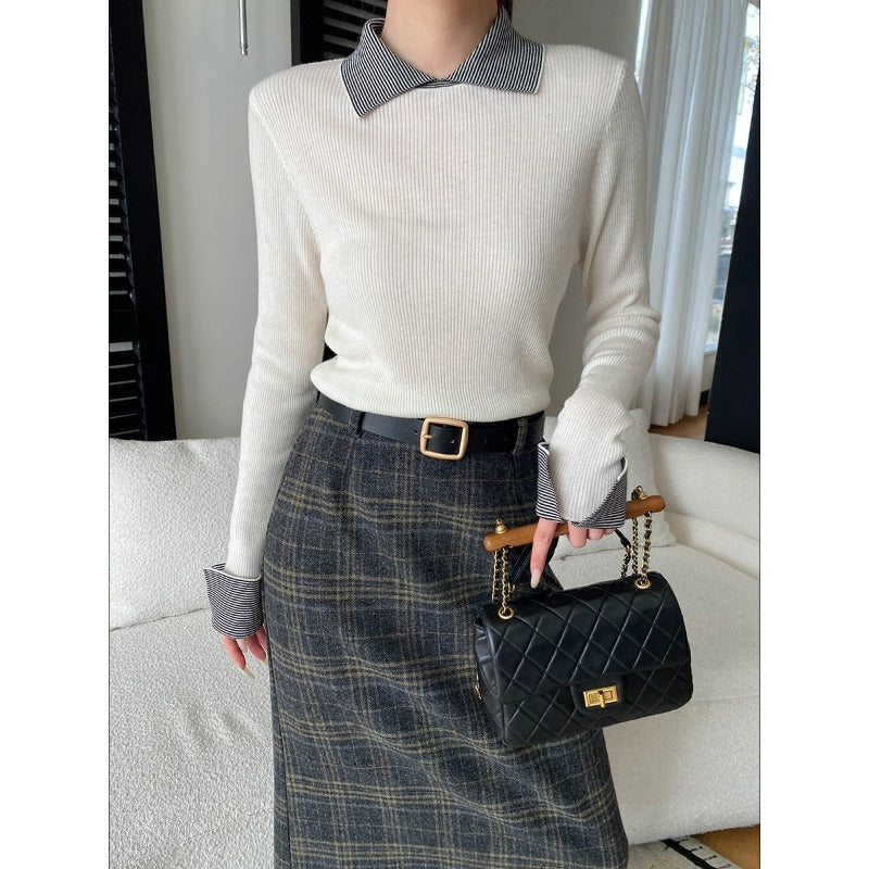 Damen Pullover Gestreift Klassischer Kragen Rippstruktur Norvielle - Norvielle