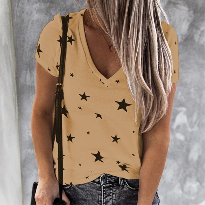 Damen T-Shirt V-Ausschnitt Sternenmotiv Lässig Weißen Norvielle
