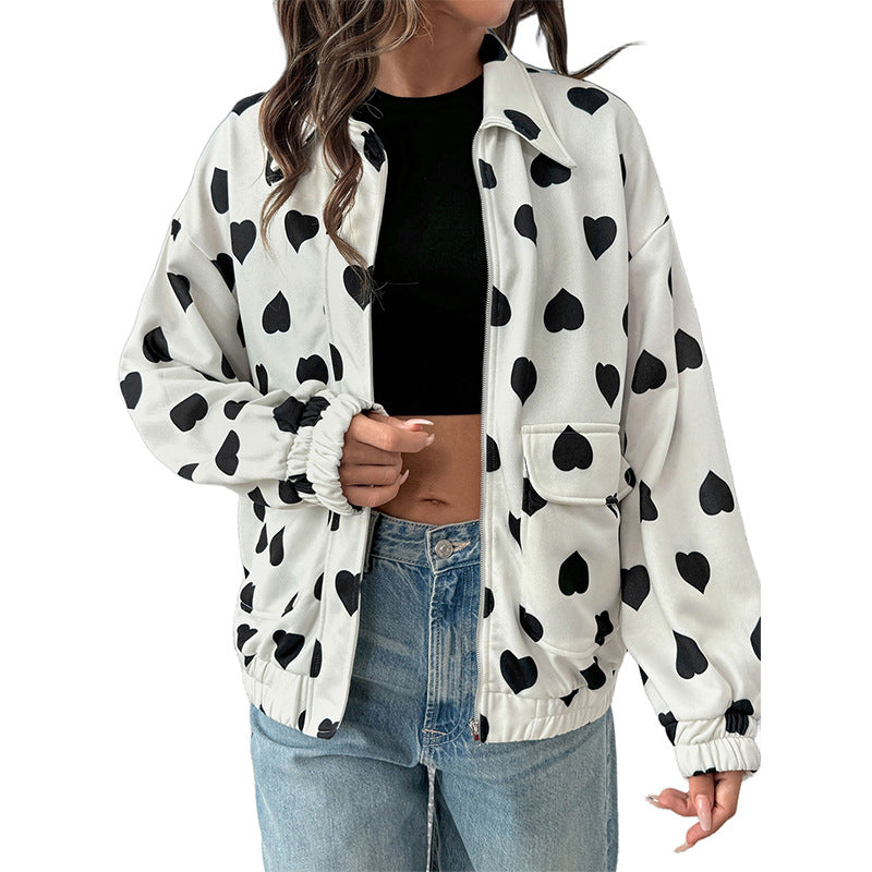 Damen Lässige Jacke Herzmuster Praktische Taschen Norvielle