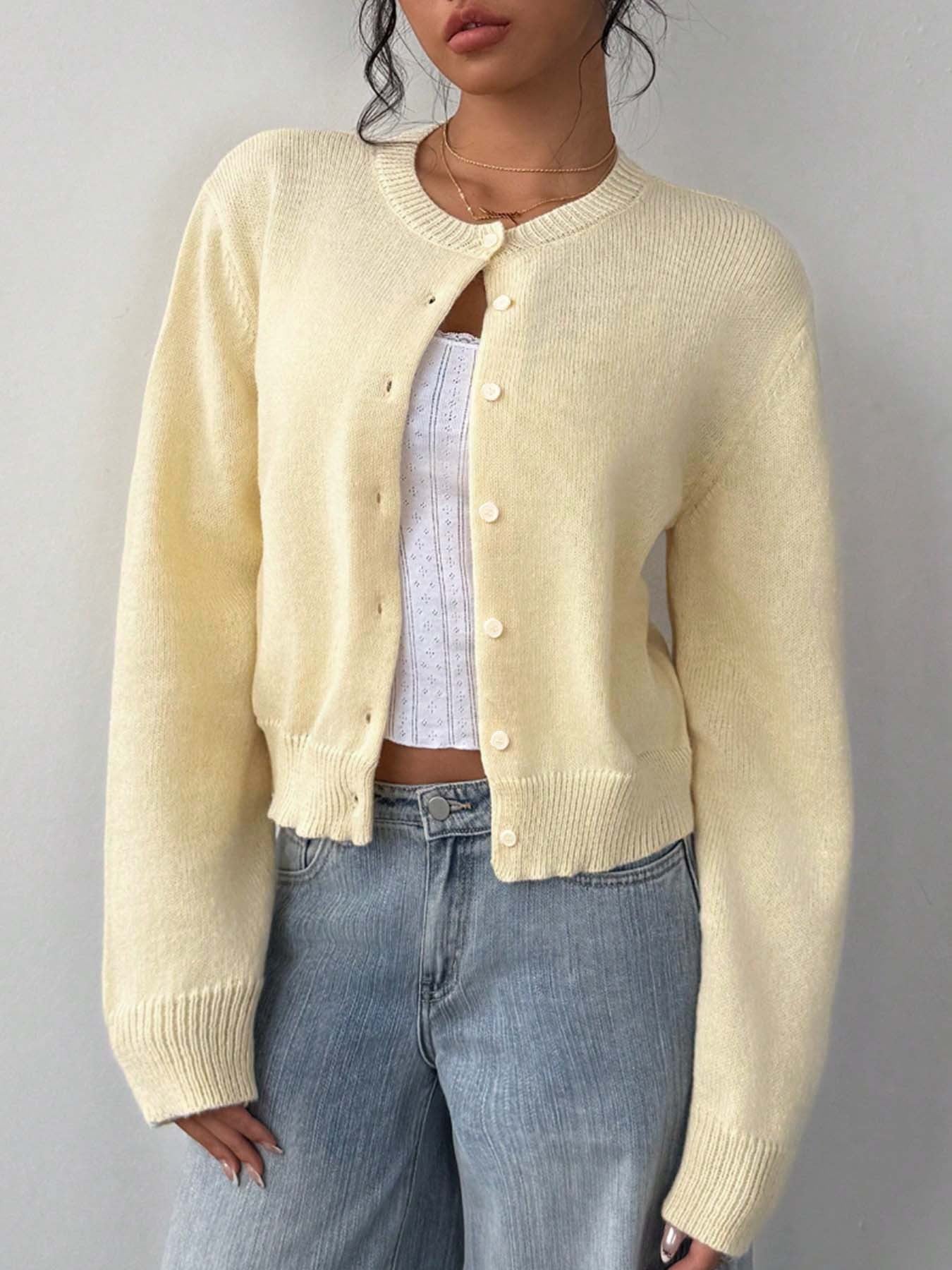 Damen Strickjacke Weiches Baumwoll-Material Knöpfe Beige