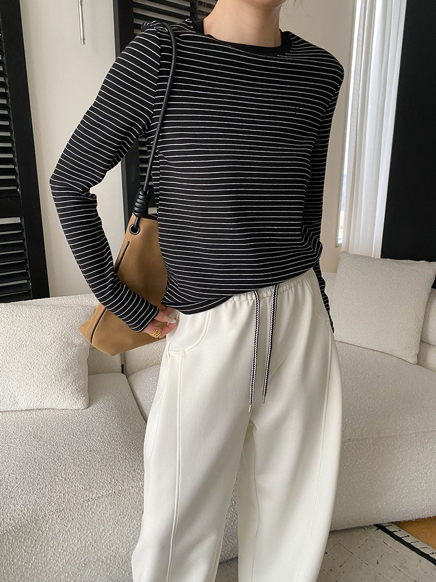Damen Langarmshirt Klassisches Streifenmuster Rundhals Weiß