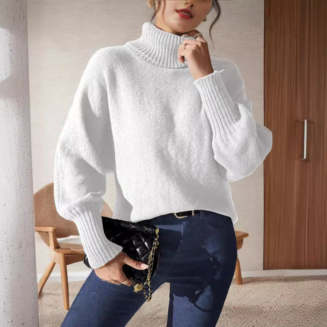 Damen Rollkragenpullover Voluminöse Ärmeln Feines Strickmuster