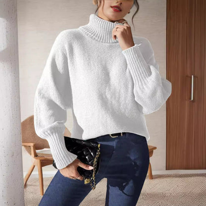 Damen Rollkragenpullover Voluminöse Ärmeln Feines Strickmuster