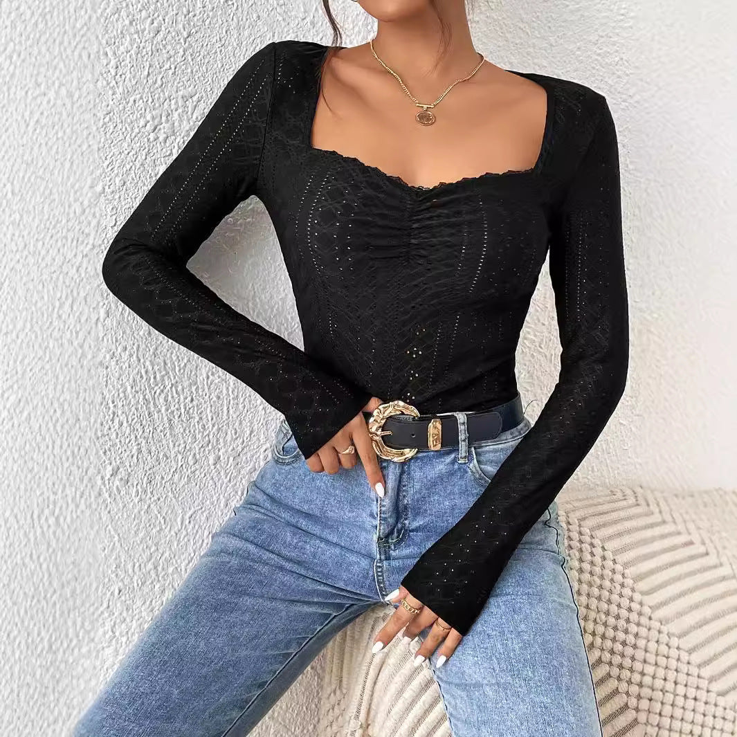 Damen Langarm Bodysuit Quadratischer Ausschnitt Rüschen Norvielle - Norvielle
