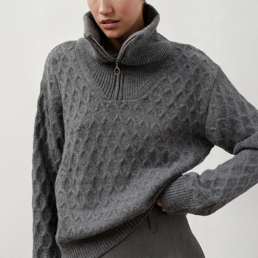 Damen Gemusterter Pullover Hochkragen Reißverschluss Norvielle