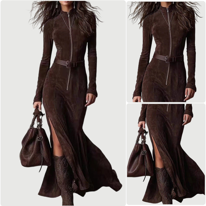 Damen Langarmkleid Reißverschluss Seitenschlitze Norvielle - Norvielle