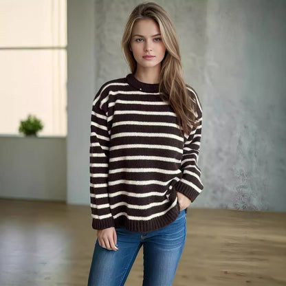 Damen Strickpullover Breite Streifen Oversized Beige