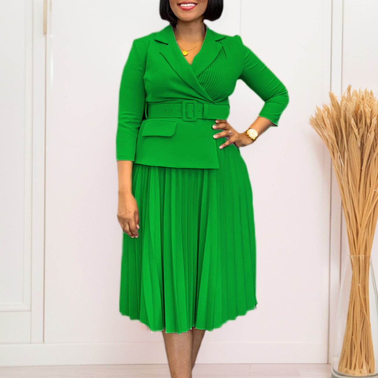 Damen Blazer-Kleid mit Taillengürtel und Plissee Optik Schwarz - Norvielle
