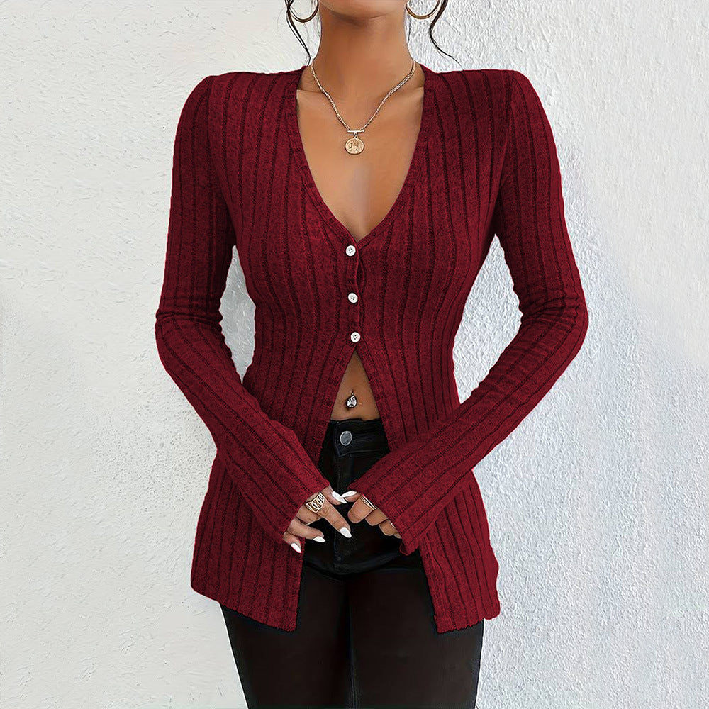 Damen Langarmcardigan Feine Rippstruktur Elegante Knöpfe Beige - Norvielle