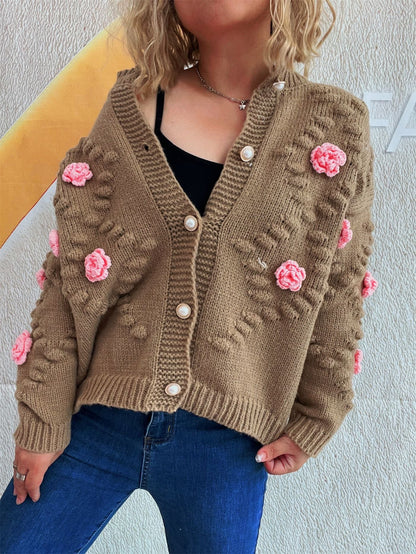 Damen Strickjacke Floralmuster Perlenknöpfe Norvielle