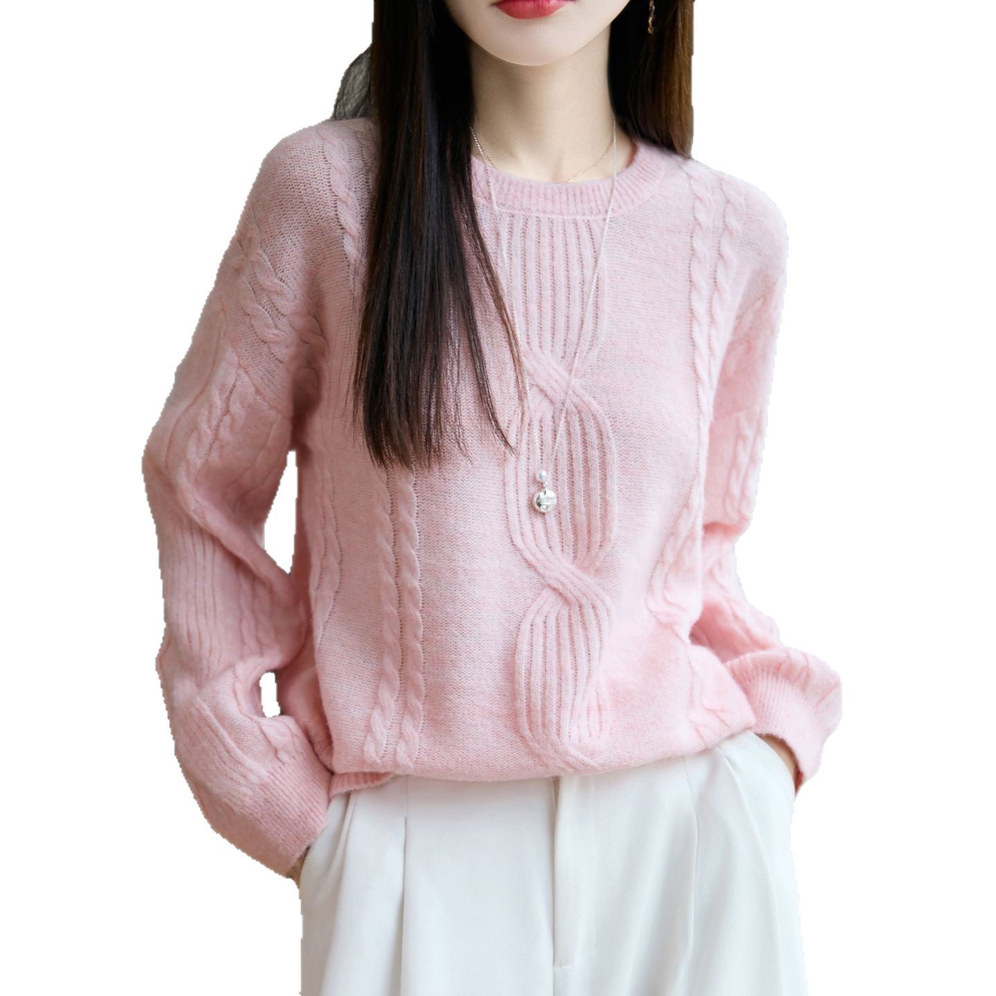 Damen Strickpullover Rundhals Zopfmuster Norvielle