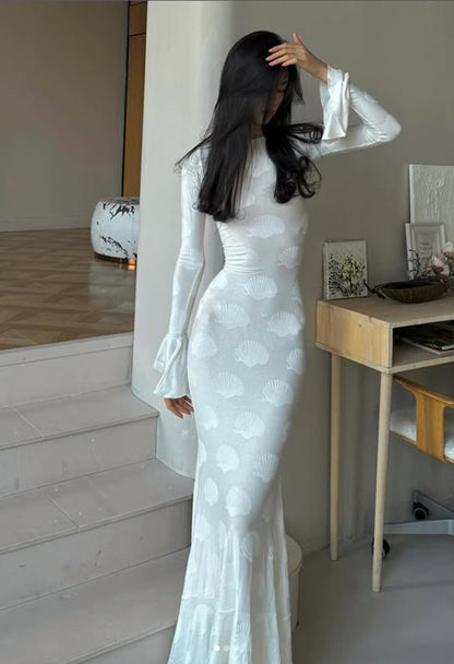 Damen Langkleid Figurbetont Muschel-Design Ärmelabschluss Elegant