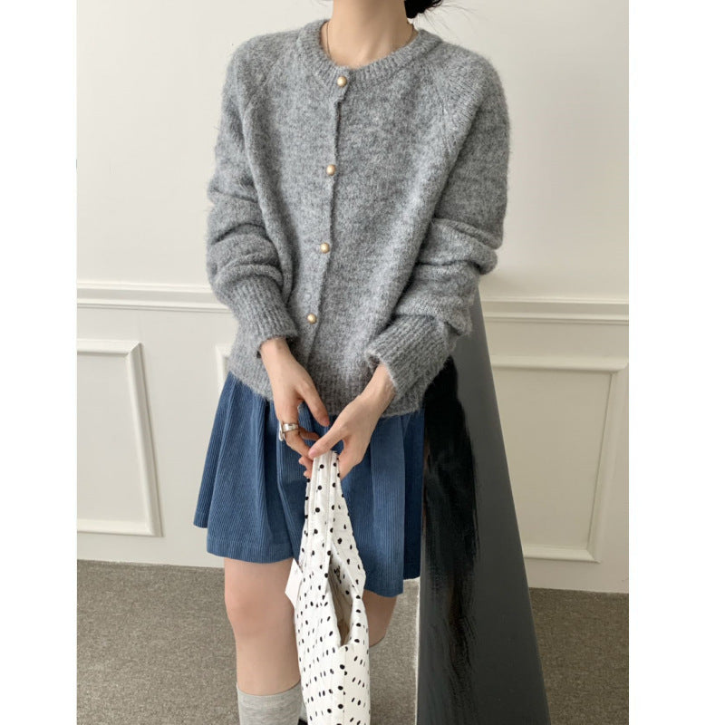 Damen Strickcardigan Flauschig Rundhals Echtknöpfe Beige