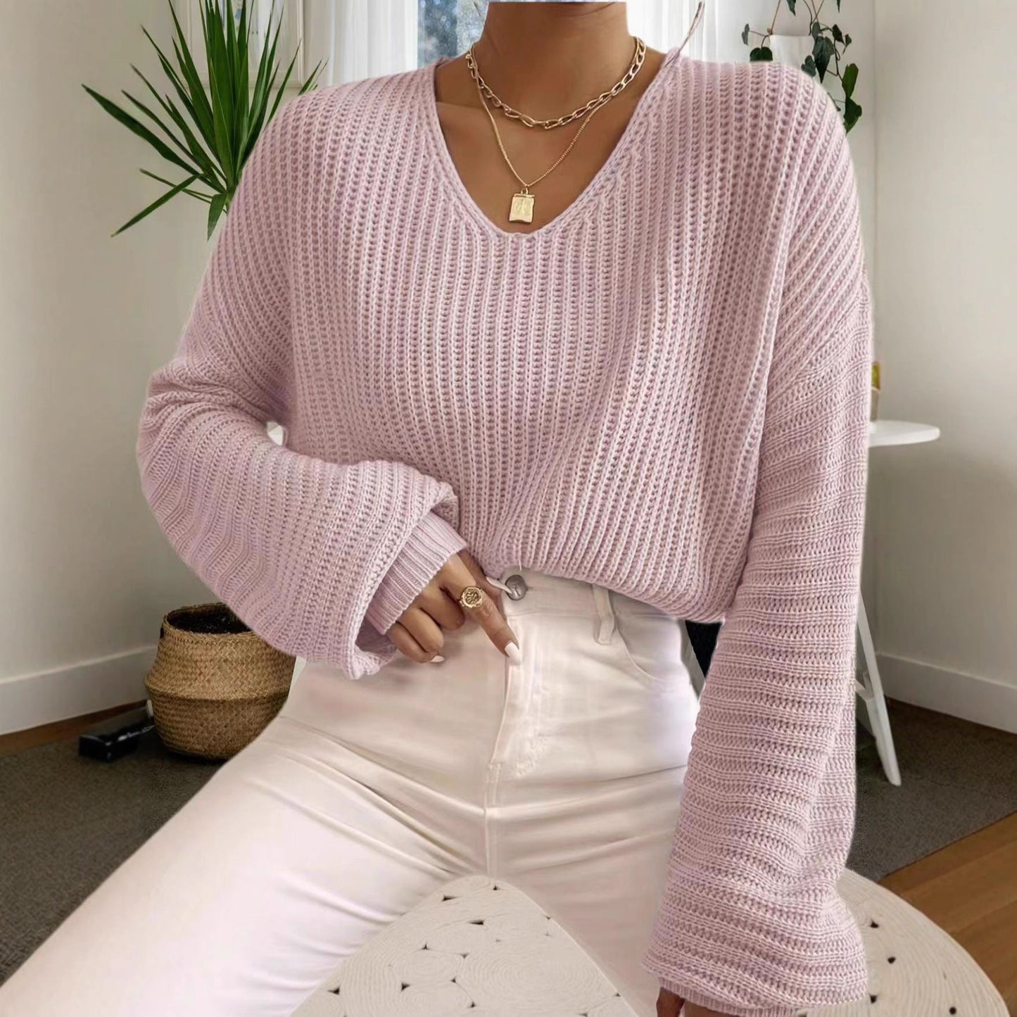 Damen Strickpullover Luftig V-Ausschnitt Länge Lang Ärmel Norvielle