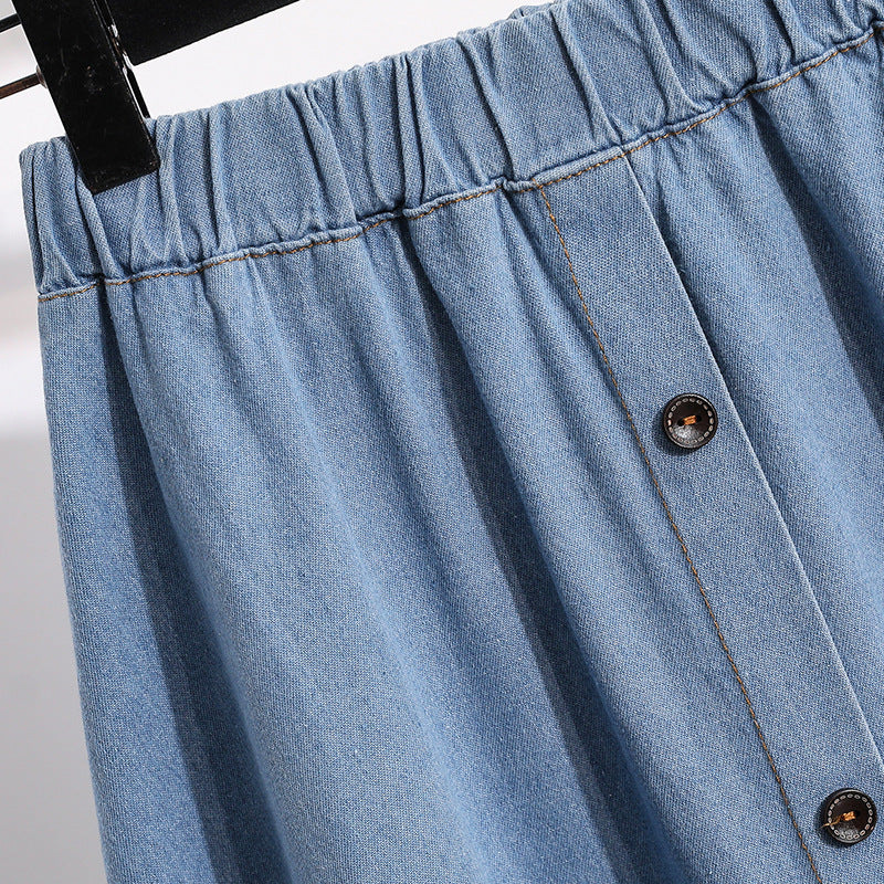 Damen Denim-Rock Lang mit Druckknöpfen