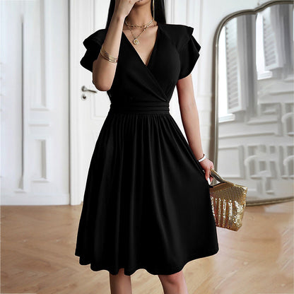 Damen Kurzarmkleid Einfarbig V-Ausschnitt