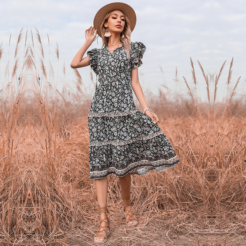 Damen Sommerkleid mit Rüschendetails und Blumenmuster