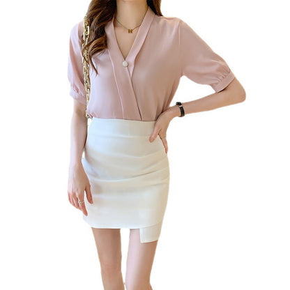 Damen Bluse V-Ausschnitt Dekorativer Knopf Norvielle