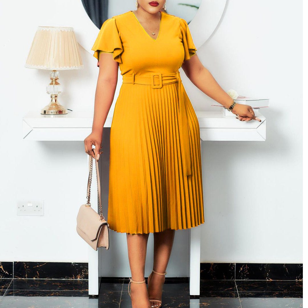 Damen Plissee-Kleid mit Taillengürtel Elegantes Damenkleid
