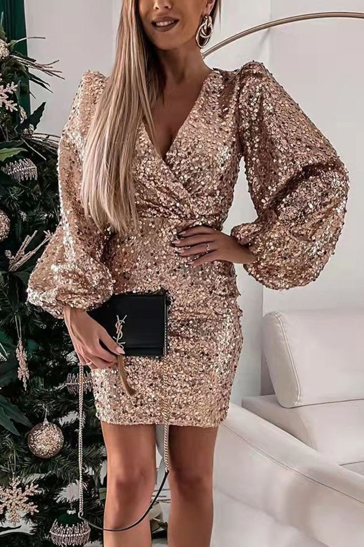 Damen Minikleid Glitzernd Ballonärmel Wickeloptik Norvielle