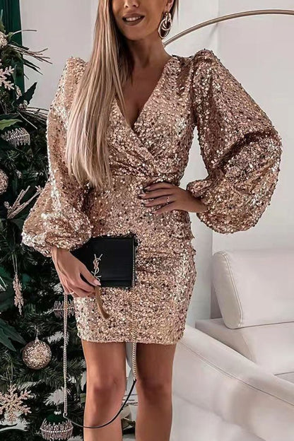 Damen Minikleid Glitzernd Ballonärmel Wickeloptik Norvielle