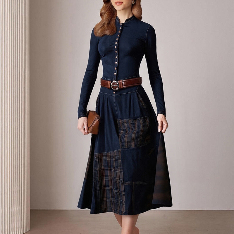 Damen Midi-Kleid mit Knöpfen Kontrastdetails Norvielle