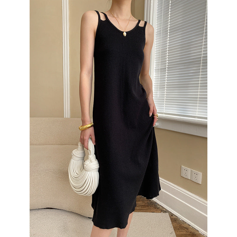 Damen Midikleid Weiches Material Mit Trägern Schwarz - Norvielle