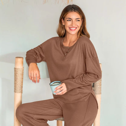Damen Lounge-Kombi Waffelmaterial Weit Schnitt Beige