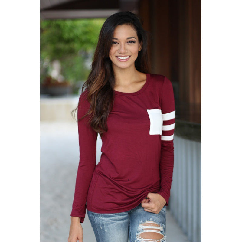 Damen Langarmshirt Kontraststreifen Abgesteppte Brusttasche Norvielle