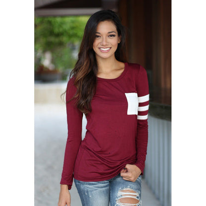 Damen Langarmshirt Kontraststreifen Abgesteppte Brusttasche Norvielle