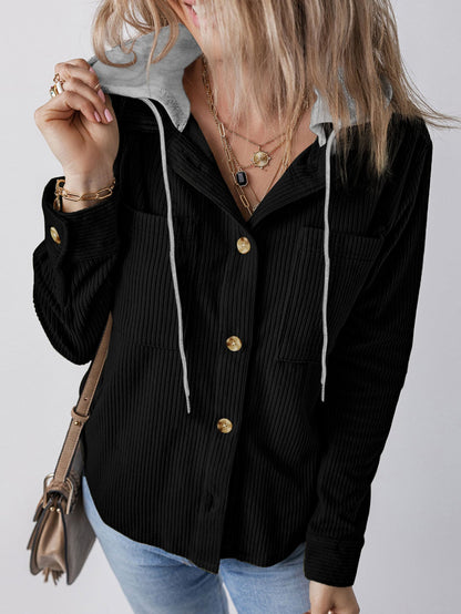 Damen Hemdjacke Gestreift Kapuze Taschen Norvielle