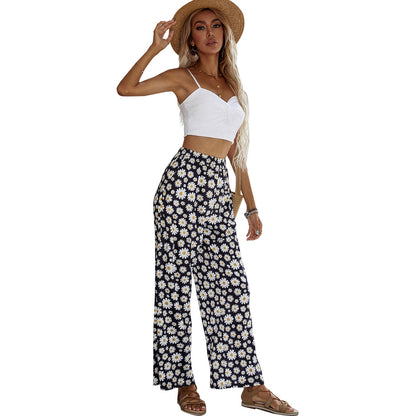 Damen Sommerhose Weite Passform Elastischer Bund Florales Design