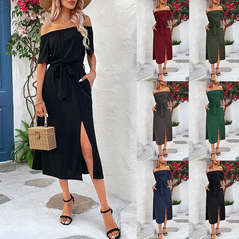 Damen Maxikleid Off-Shoulder mit Schlitz und Taillengürtel Elegantes - Norvielle