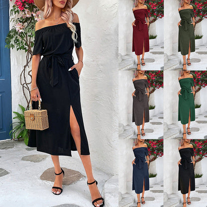 Damen Maxikleid Off-Shoulder mit Schlitz und Taillengürtel Elegantes - Norvielle