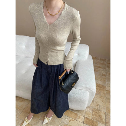Damen Strickpullover V-Ausschnitt Norvielle Feinripp mit Knöpfen