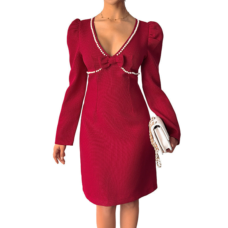 Damen Kleid Figurbetont Seide Elegante Schleife