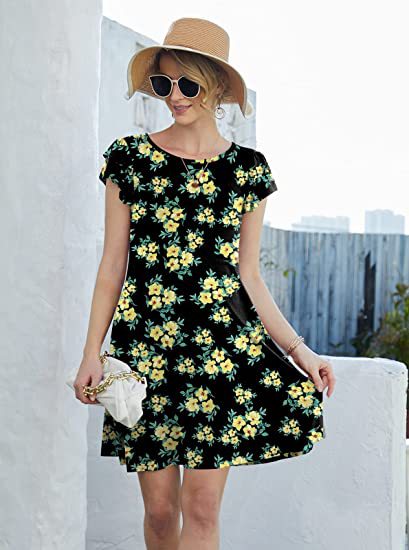 Damen Sommerkleid Blumenmuster Rüschendetails schwingender Rock