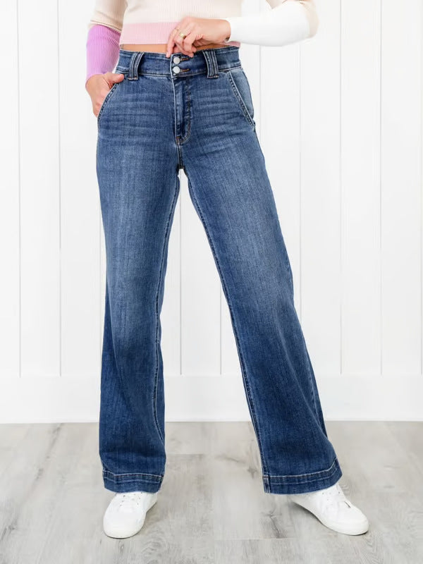 Damen High-Waist Jeans Weite Bein Norvielle Komfortschnitt
