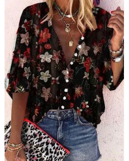 Damen Bluse Transparent Floral Stickerei Übergroß Norvielle