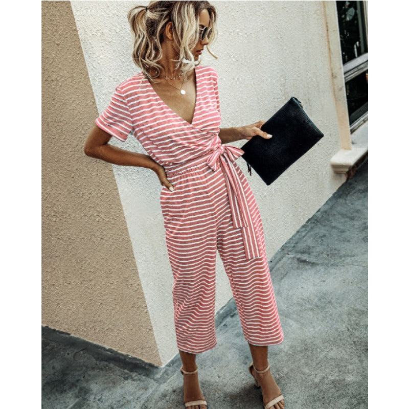 Damen Jumpsuit Wickel-Design Streifen Muster