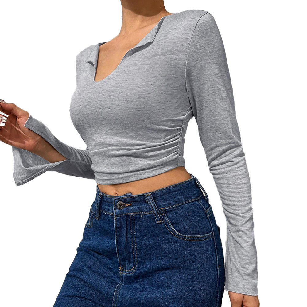 Damen Langarmshirt mit Trompetenärmeln und V-Ausschnitt