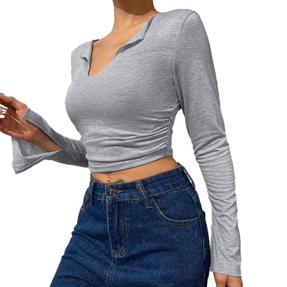 Damen Langarmshirt mit Trompetenärmeln und V-Ausschnitt